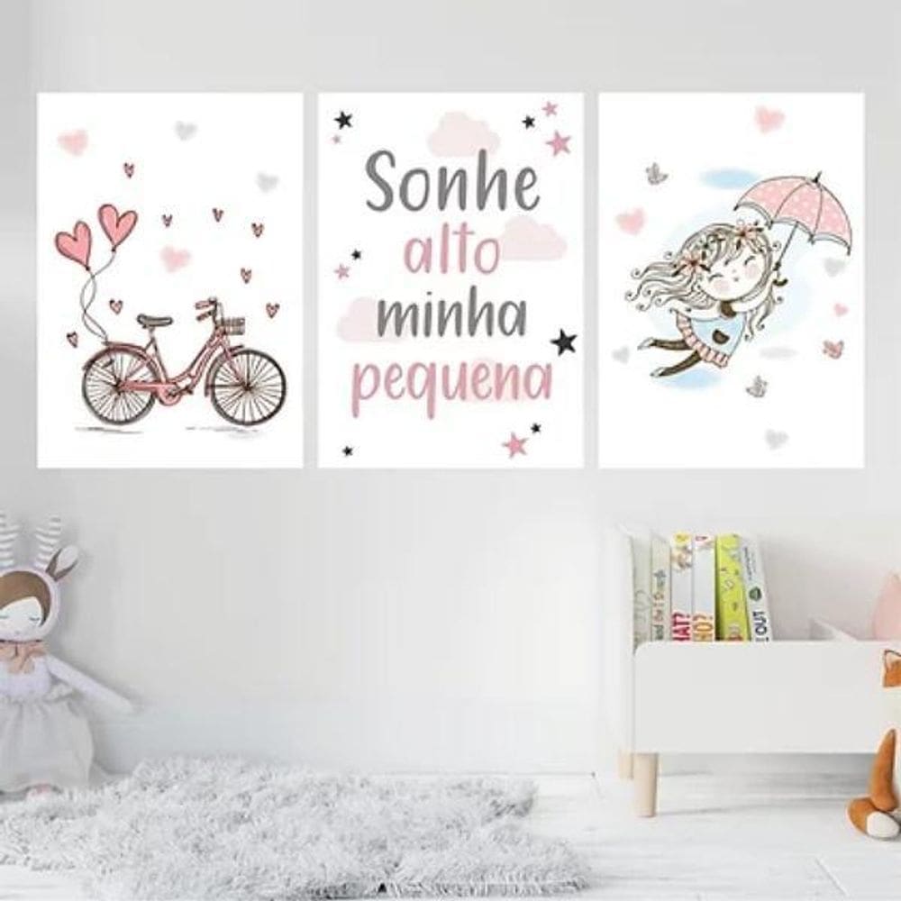 Kit 3 Quadros Quarto Infantil Menina 24X18Cm - Com Vidro