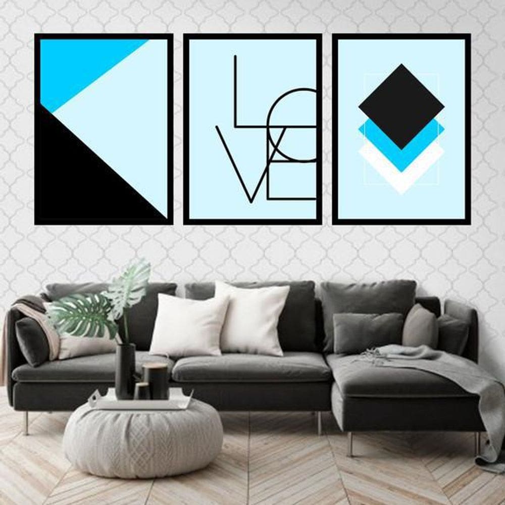 Kit 3 Quadros Decorativos Love Geométrico Azul Claro 45X34Cm