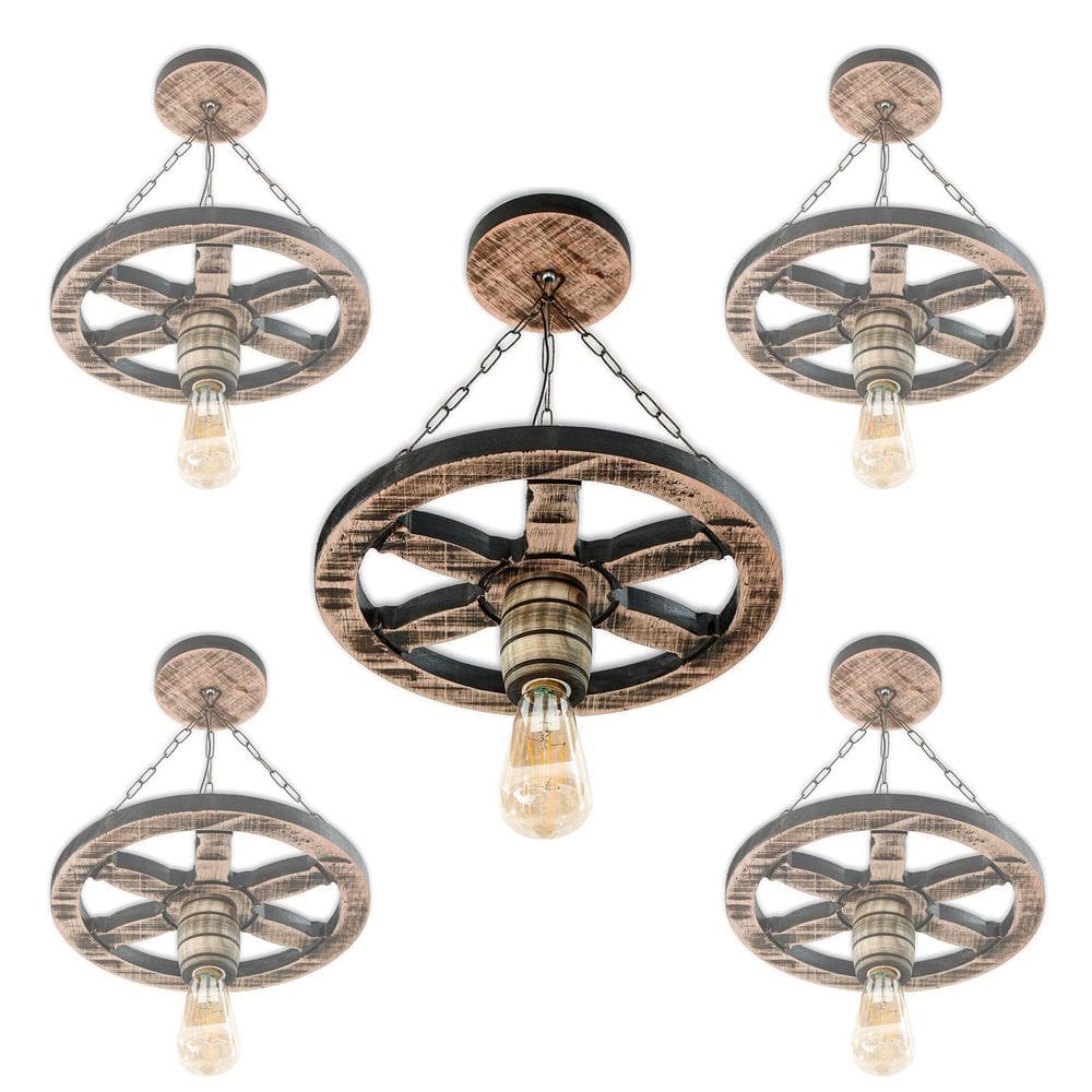 Kit 5 Luminária Pendente Roda De Carroça 33Cm Colonial Retrô