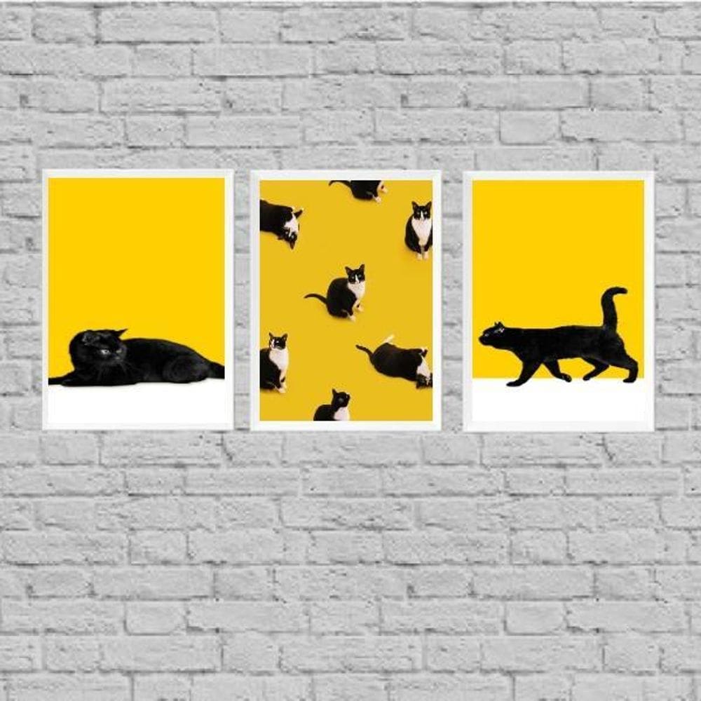 Kit 3 Quadros Gato Preto E Amarelo 33X24Cm - Com Vidro