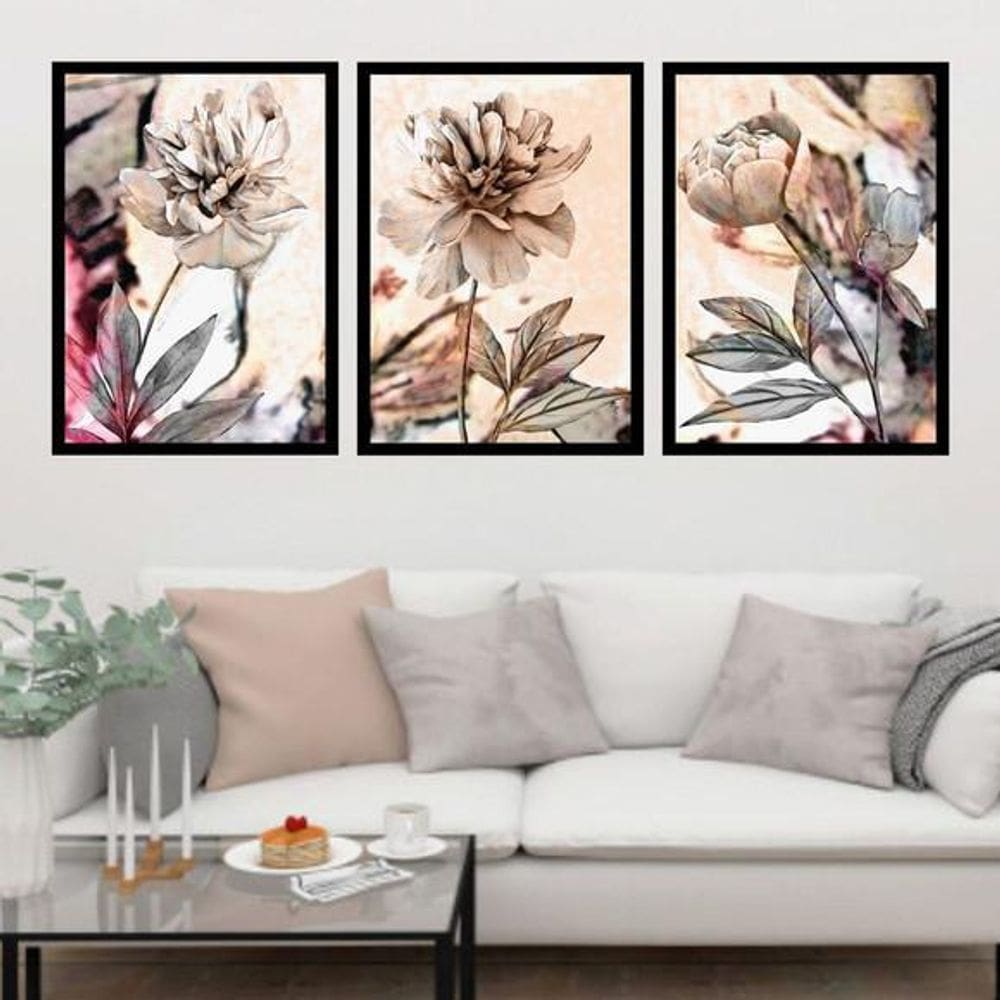 Kit 3 Quadros Decorativos Flores Neutras 45X34Cm