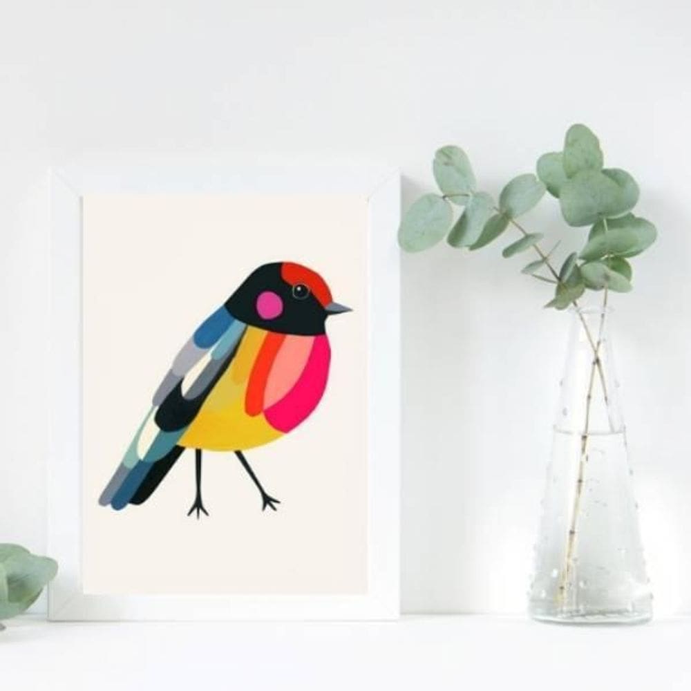 Quadro Passarinho Colorido 33X24 Com Vidro - Madeira Branca