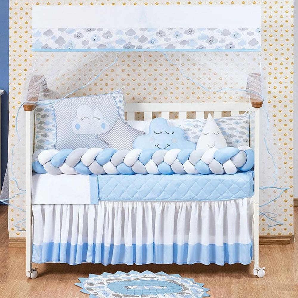 Kit Berço Nuvem Amor com Trança 13 Peças Tapete Azul