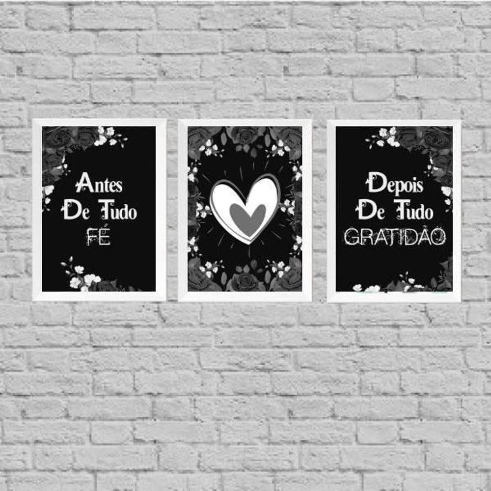 Kit 3 Quadros Fé E Gratidão Preto Com Cinza 45X34Cm
