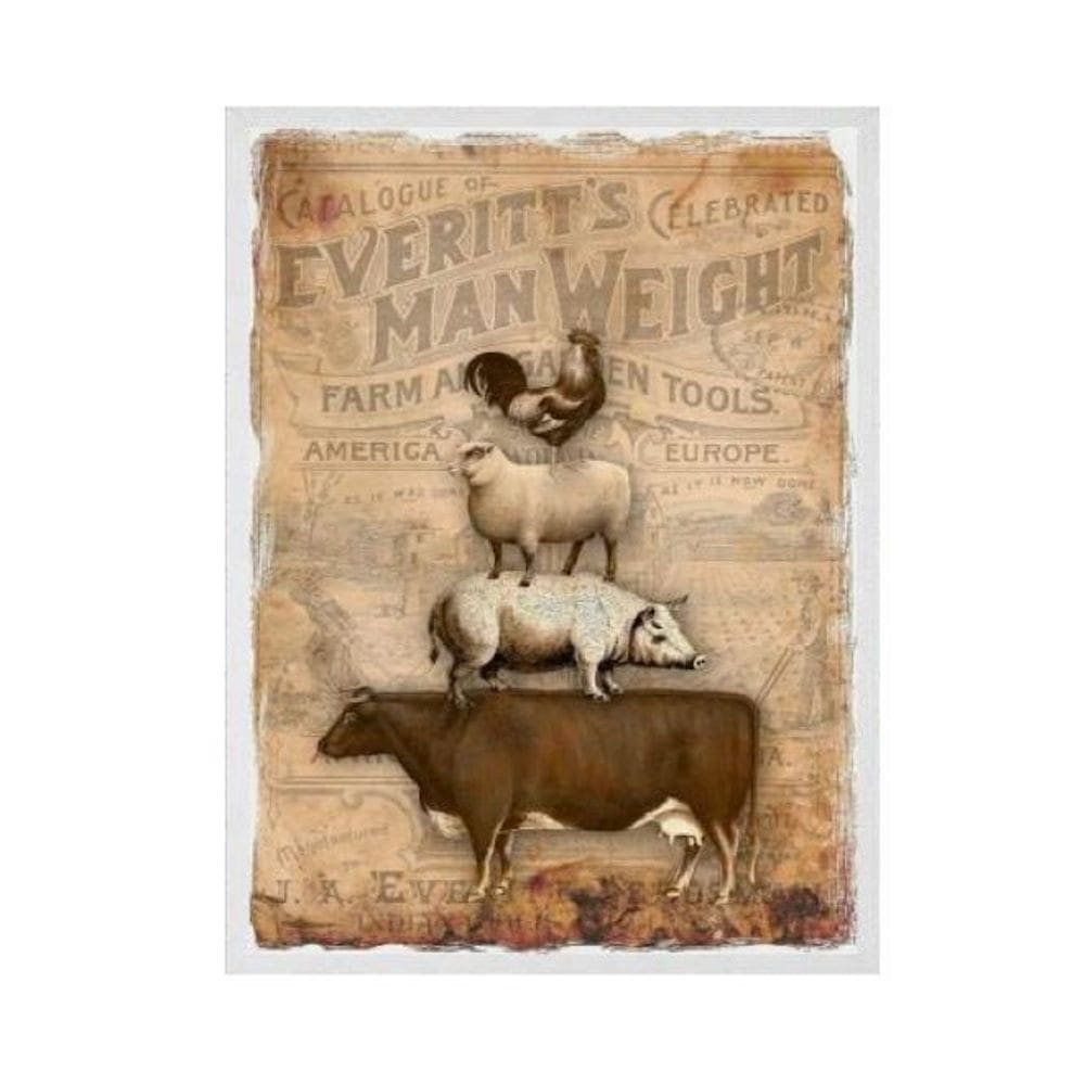 Quadro Vintage Animais Fazenda 24X18Cm Com Vidro - Branca