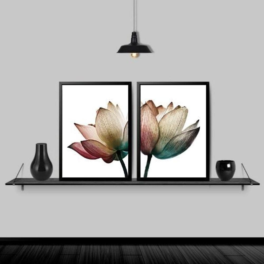 Kit 2 Quadros Decorativos Flores Metade 33X24Cm Vidro Preta