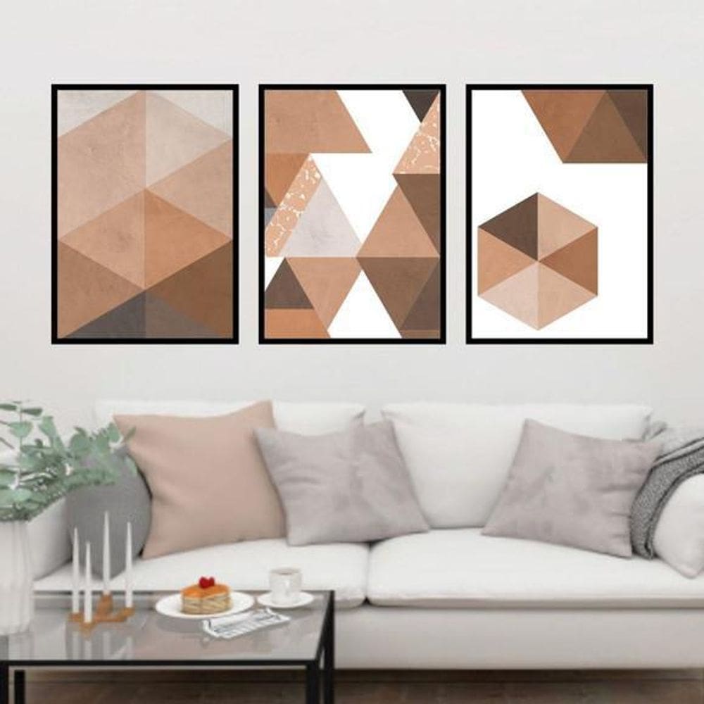 Kit 3 Quadros Marrom Geométrico 24X18Cm