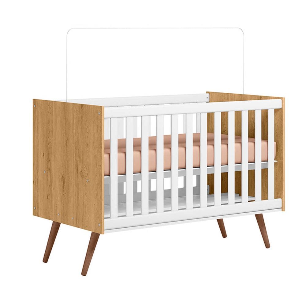 Berço Mini Cama 70cm Com Rodízios e Mosqueteiro -Freijo-Branco-Acetinado