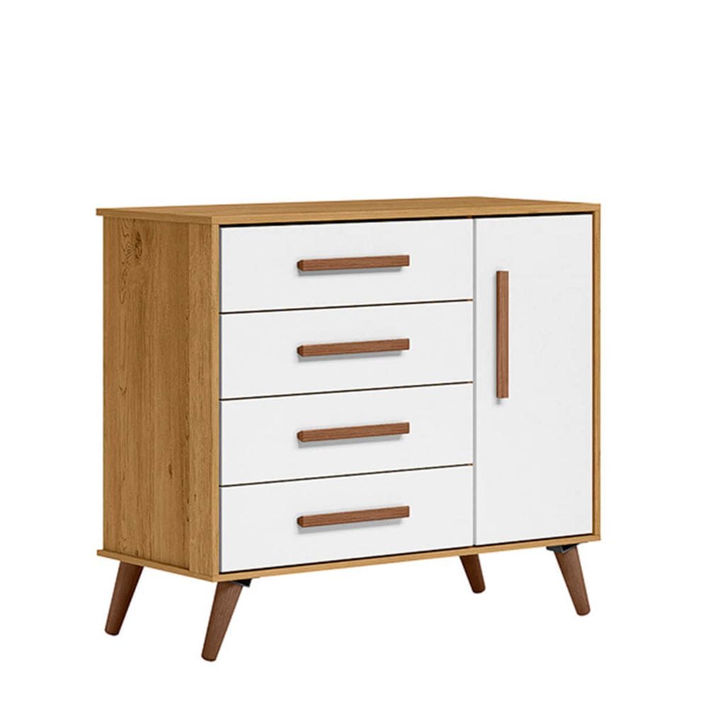 Cômoda Sapateira 4 Gavetas e 1 Porta Retrô - Freijo-Branco-Acetinado - ÉdeCasaMóveis
