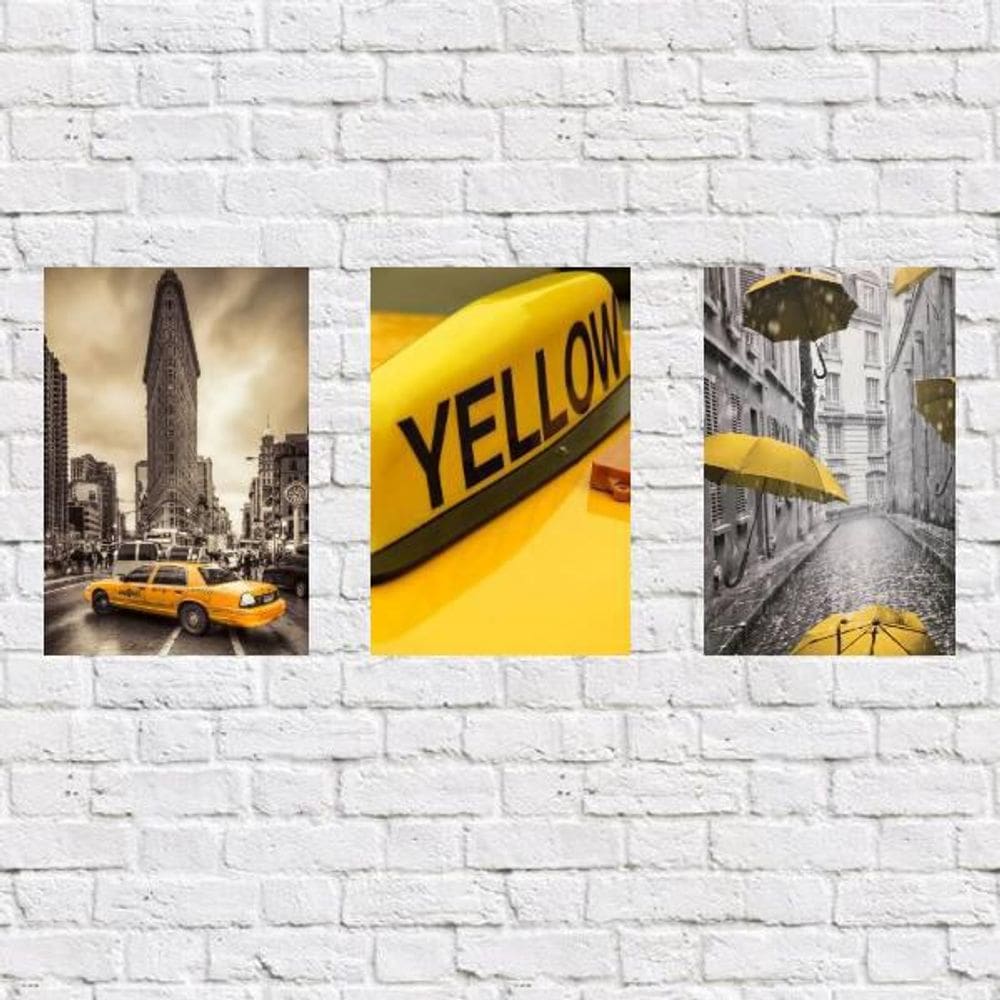 Kit 3 Placas Decorativas Táxi Amarelo 18X27Cm