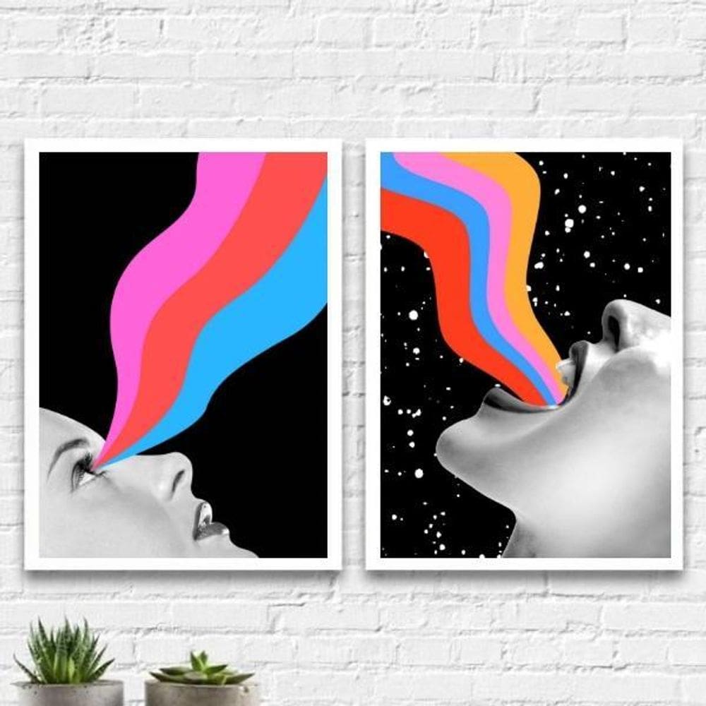 Kit 2 Quadros Mulheres Arco-Íris 33X24Cm Madeira Branca