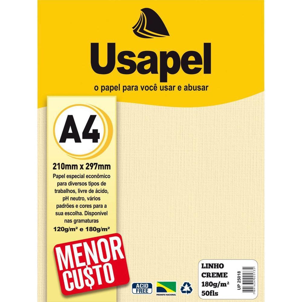 Papel A4 Linho Usapel Creme 180G. Pacote Com 50 Folhas