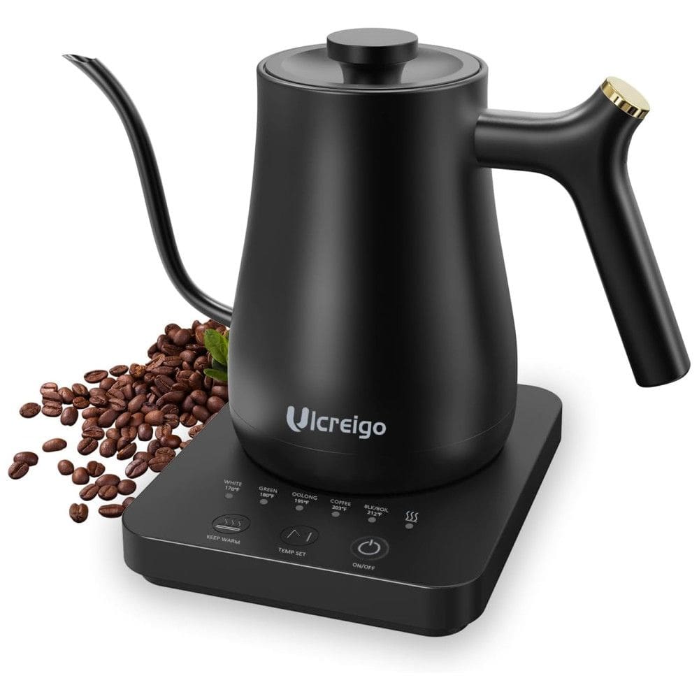 Chaleira Elétrica 800mL em Aço Inoxidável com Controle de Temperatura, 5 Predefinições, 110V 1200W, Ulcreigo, Preta