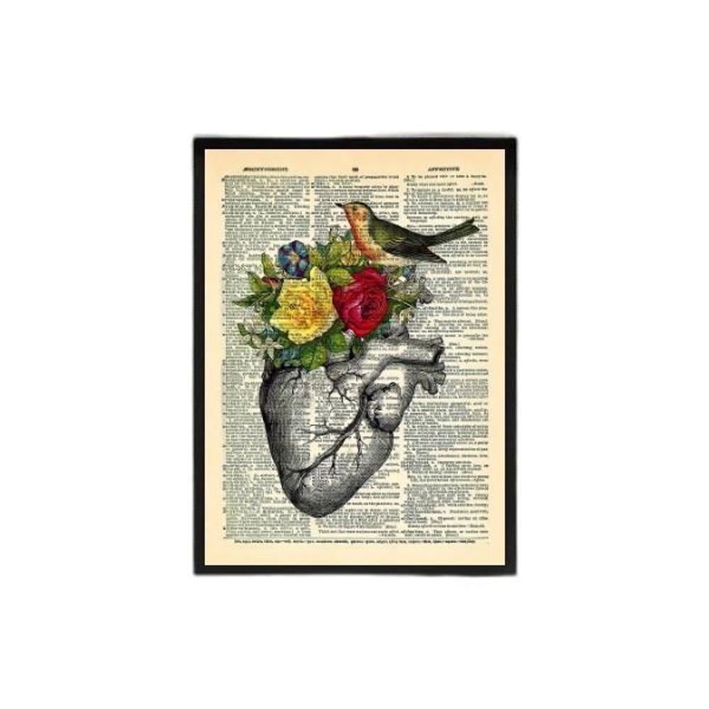 Quadro Coração Com Flores E Pássaro 45X34Cm Com Vidro Preta