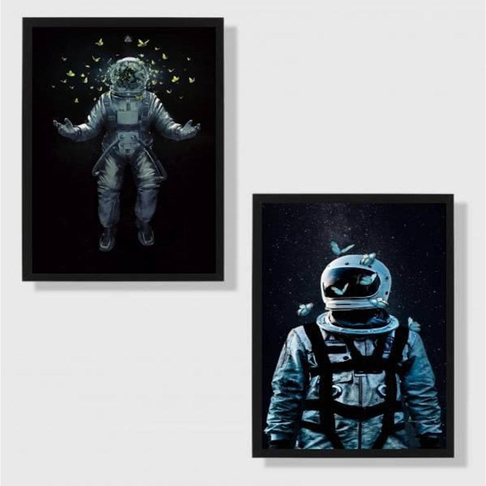 Kit 2 Quadros Astronautas Com Borboletas 24X18Cm Preta