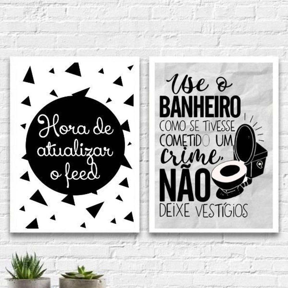 Kit 2 Quadros Divertidos Para Banheiro 24X18 Madeira Branca