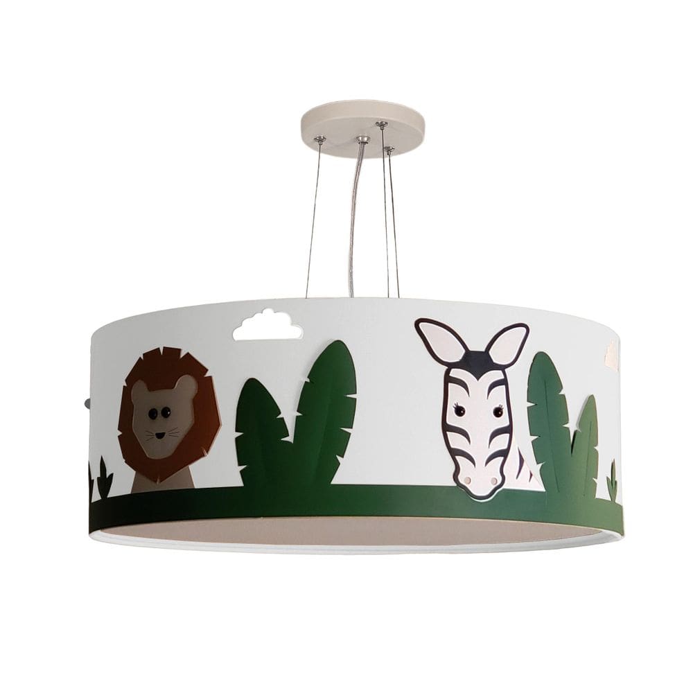 Lustre Infantil Pendente Safari Cúpula Branco Tecido 40X15Cm