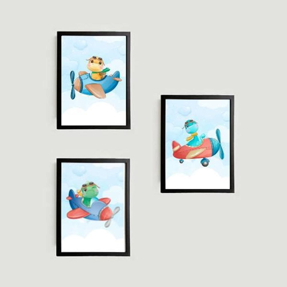 Kit 3 Quadros Dinossaurinhos Avião 24X18Cm Preto