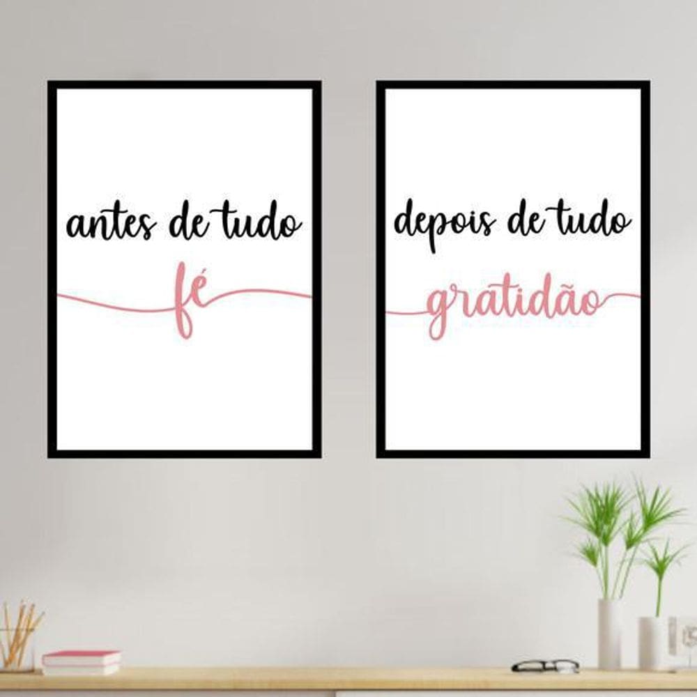 Kit 02 Quadros Decorativos Fé E Gratidão Rosa