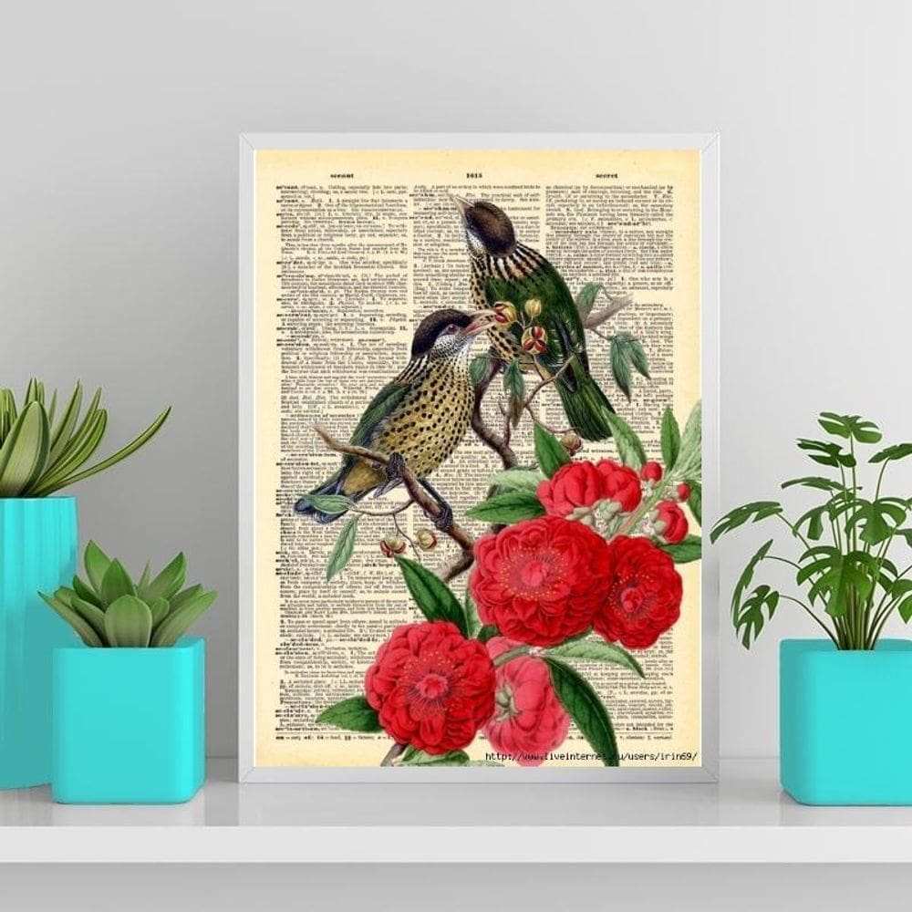 Quadro Decorativo Floral Com Pássaros 45X34Cm Moldura Branca