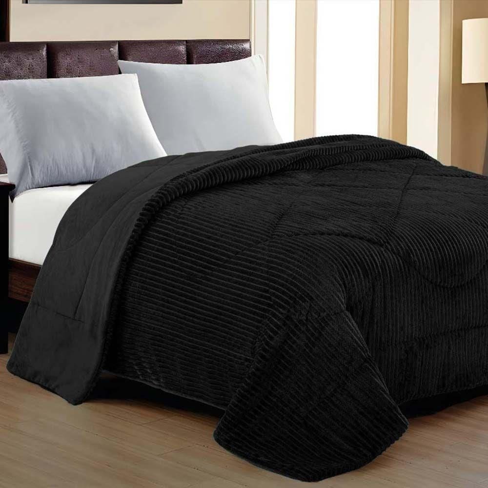Cobertor Aveline Casal Queen Manta Plush Canelada 01 Peça Toque Macio - Preto