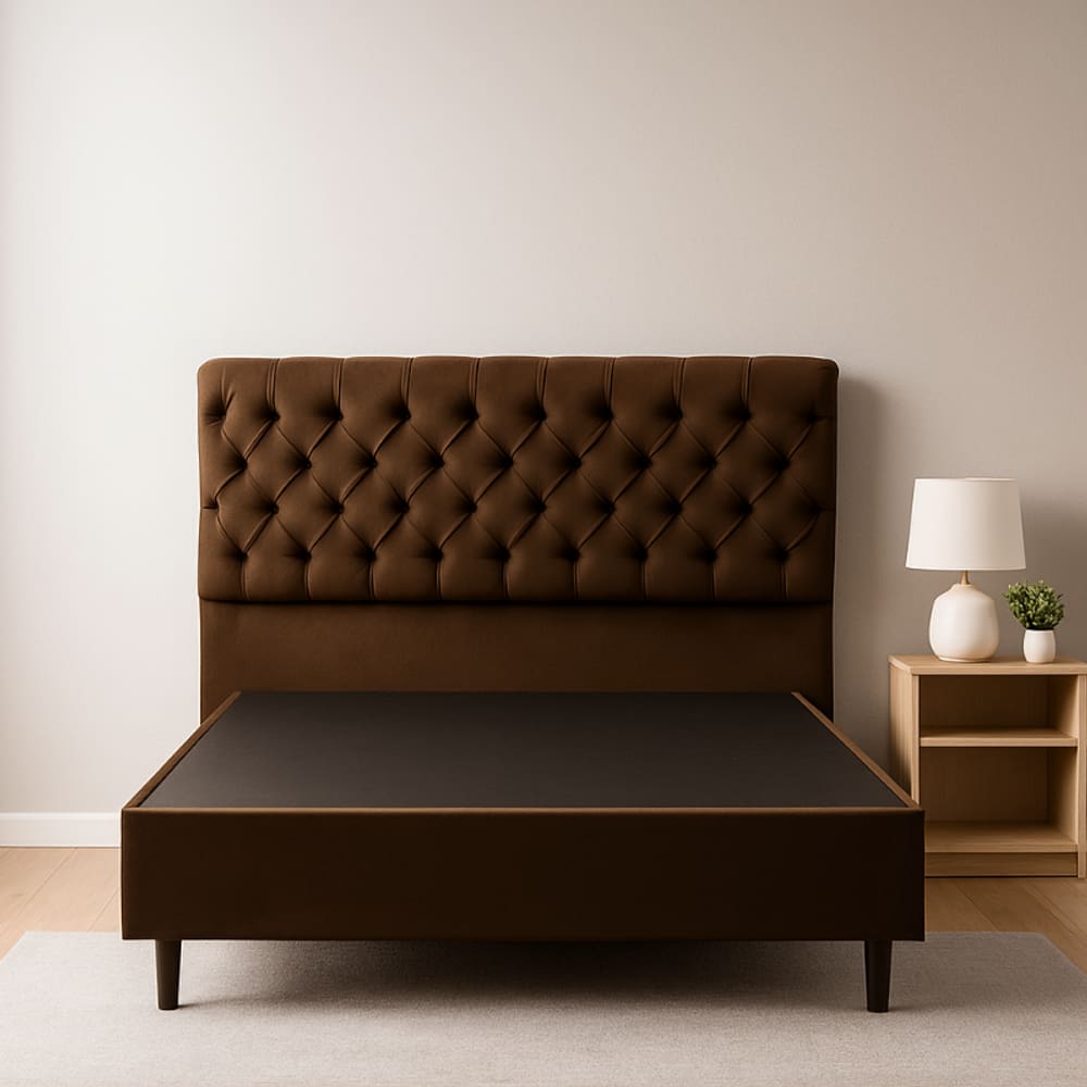 Base Cama Box Casal Com Cabeceira Marrom 138x188cm