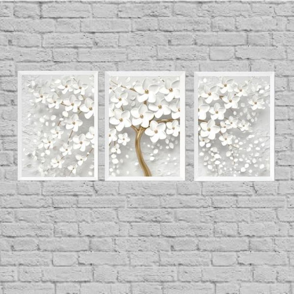 Kit 3 Quadros Árvore Flores Brancas 45X34Cm Com Vidro Branca