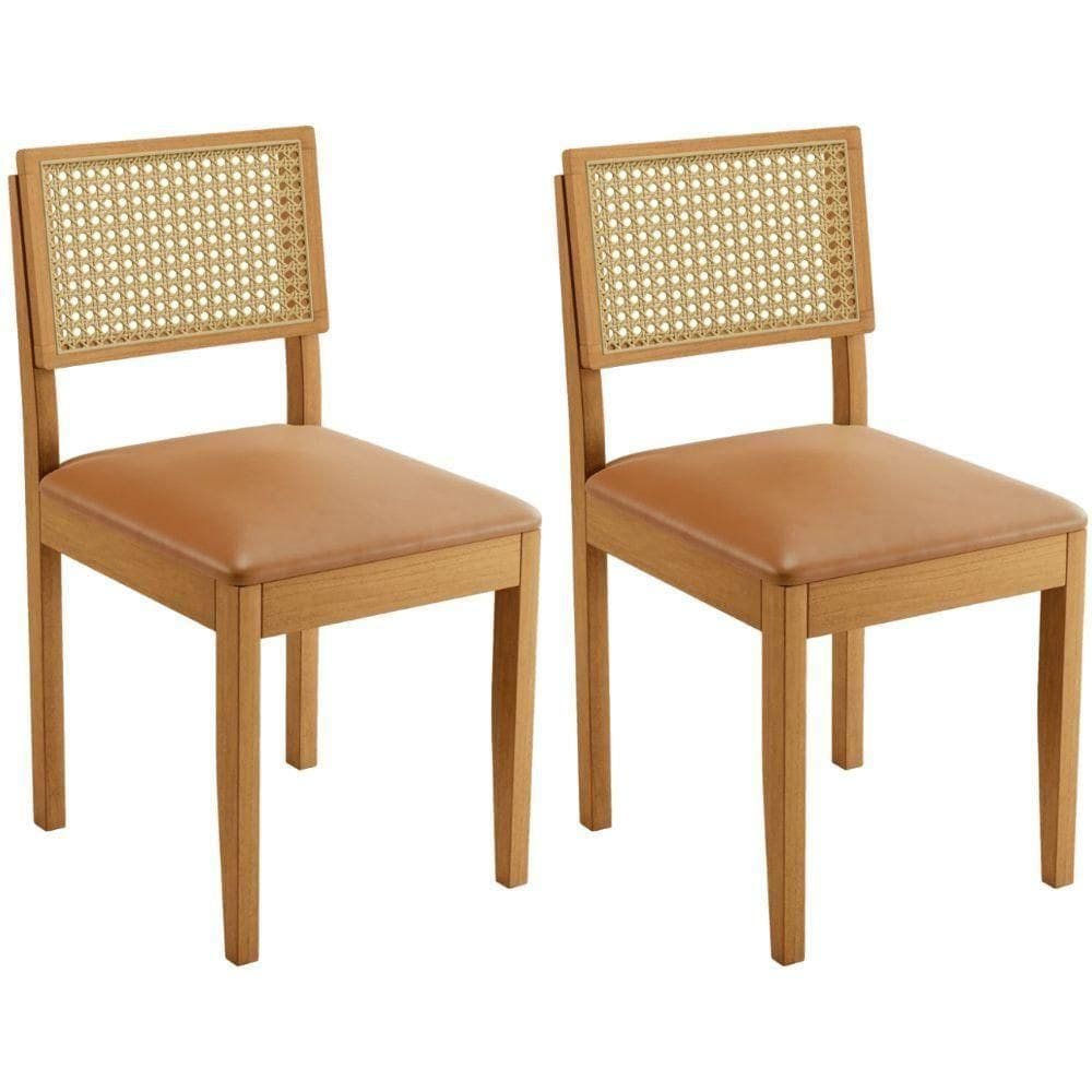 Conjunto 2 Cadeiras Jade 03 Com Rattan Couro Caramelo Pés Em Madeira Jcm