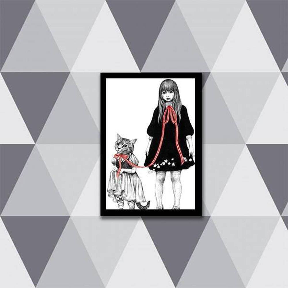 Quadro Menina Com Gatinho 24X18Cm