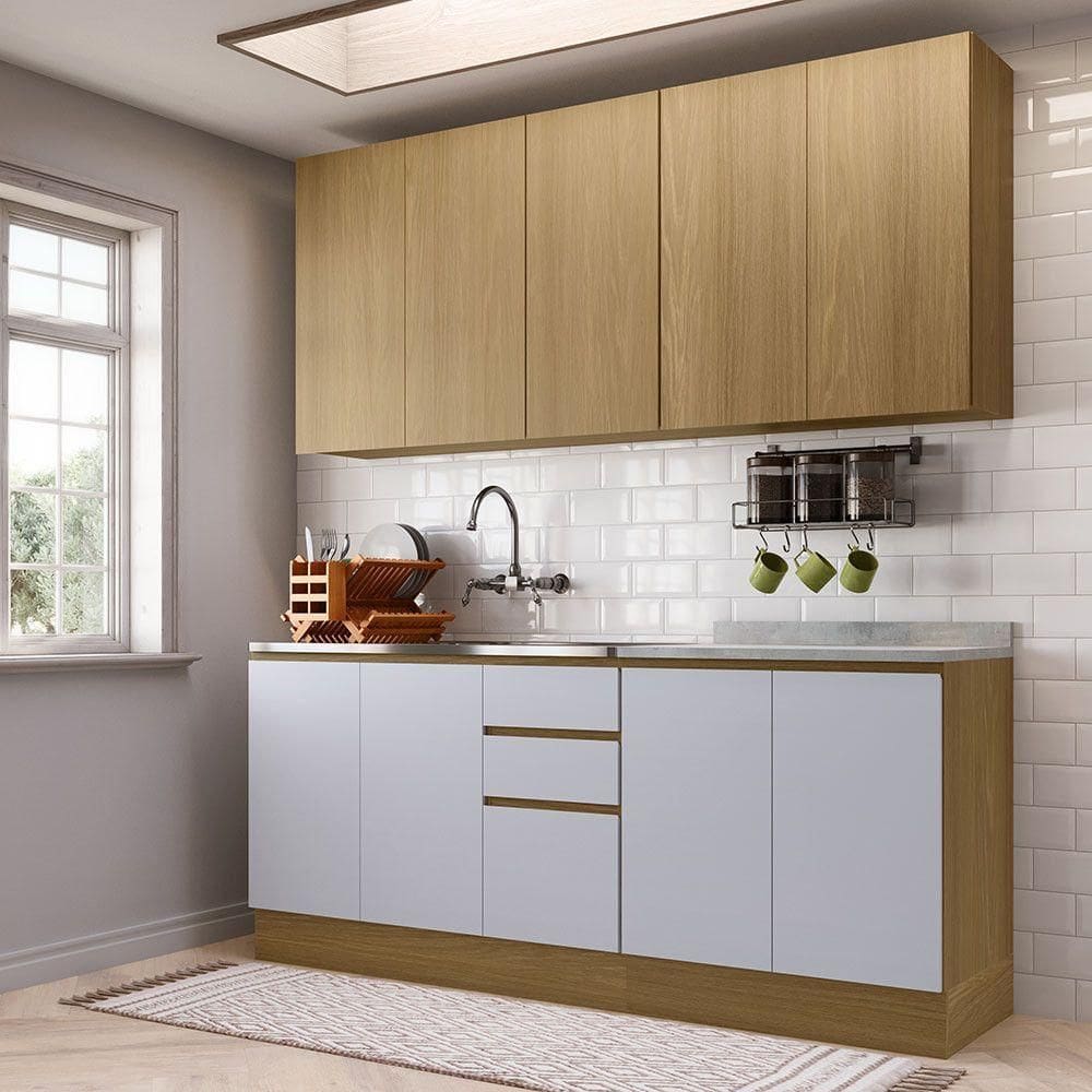 Cozinha Compacta 4 Pçs Tampo 200cm Slim Luciane Móveis Freijó/freijó Brasil/cinza Cristal
