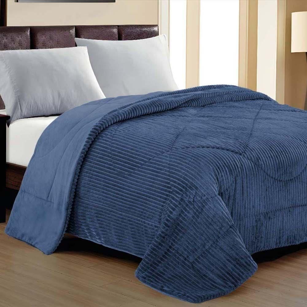 Cobertor Aveline Casal Queen Manta Plush Canelada 01 Peça Toque Macio - Azul Marinho