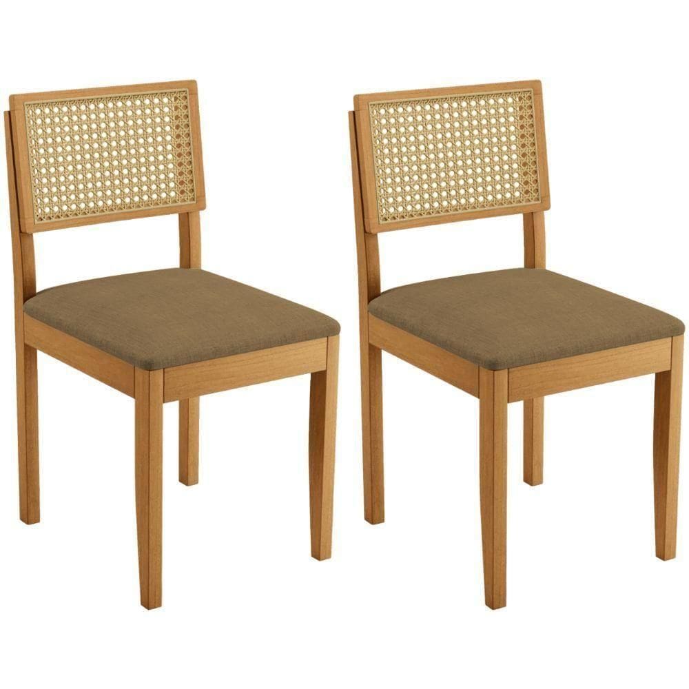 Conjunto 2 Cadeiras Jade 03 Com Rattan Linho Marrom Pés Em Madeira Jcm