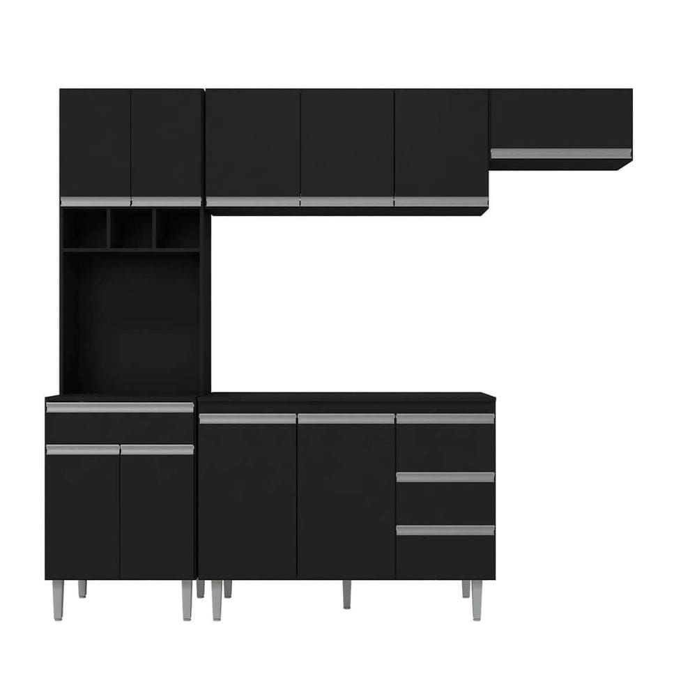 Cozinha Modulada 5 Peças com Tampo 241cm 10 Portas 4 Gavetas Natalie Preto - ÉdeCasaMóveis