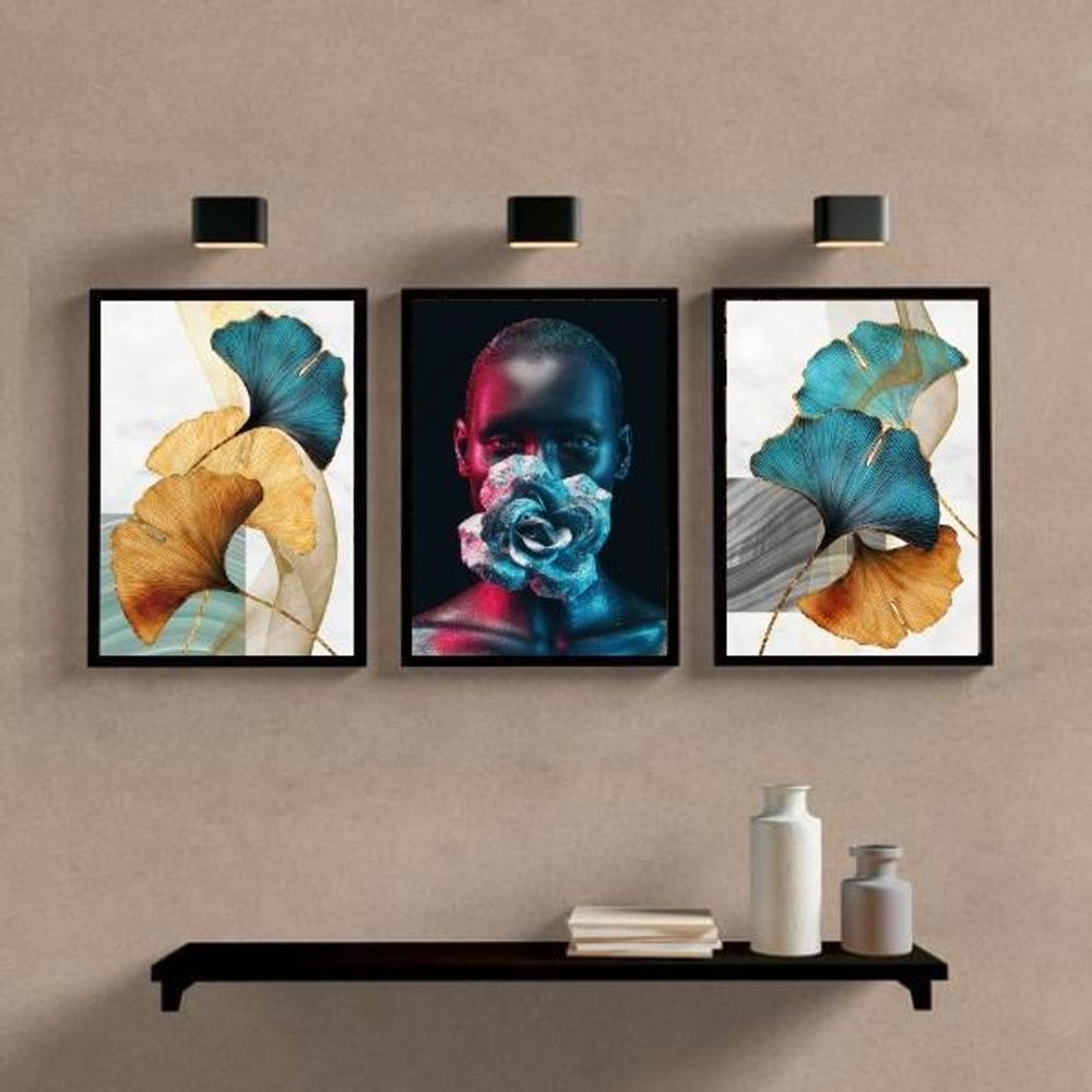 Kit 3 Quadros Mulher Com Flores Azuis 45X34Cm Vidro - Preta