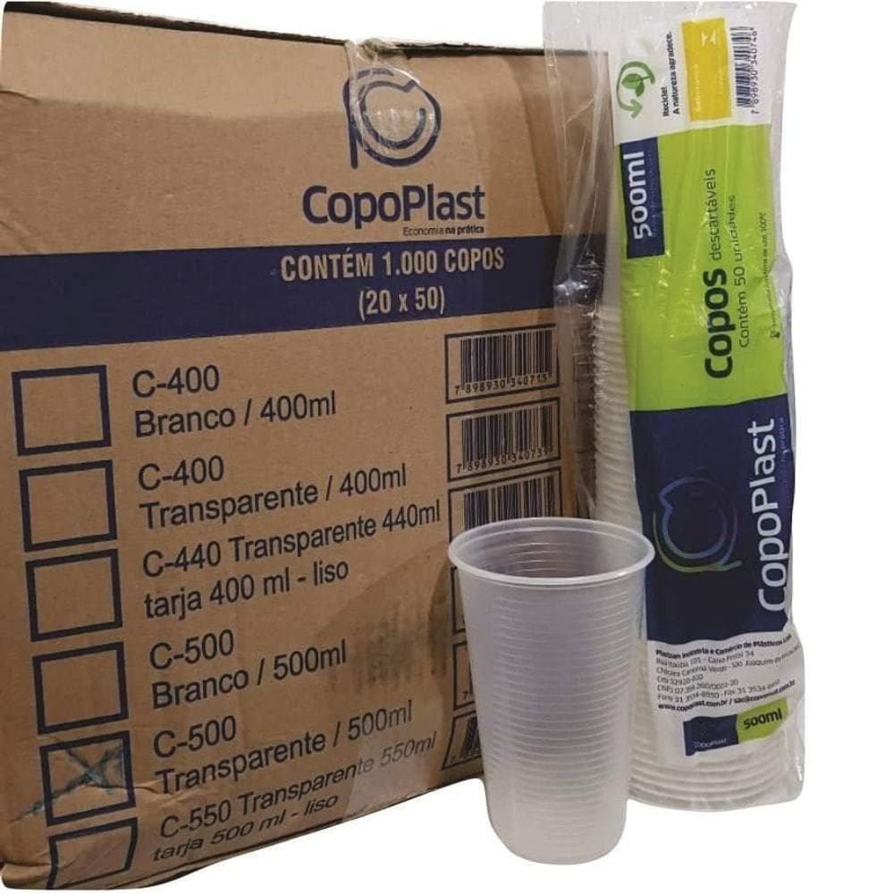 Copo Plastico Descartavel Chopp 500 Ml Transp. Cx 1000 Uni