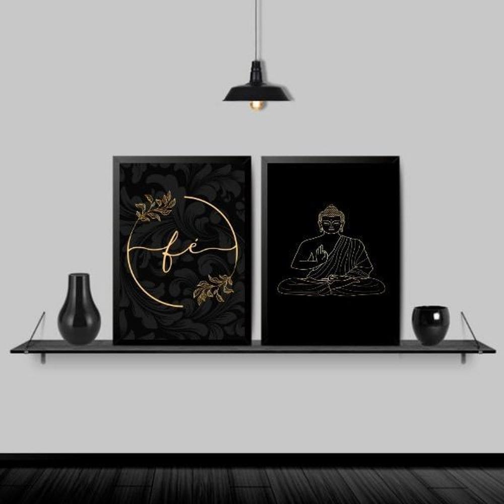 Kit 2 Quadros Buda Fé Preto Com Dourado 24X18 Moldura Preta