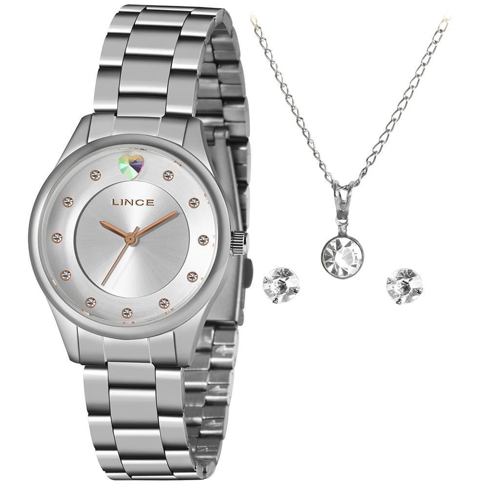 Relógio Feminino Lince Prateado 34mm + Colar e Brincos