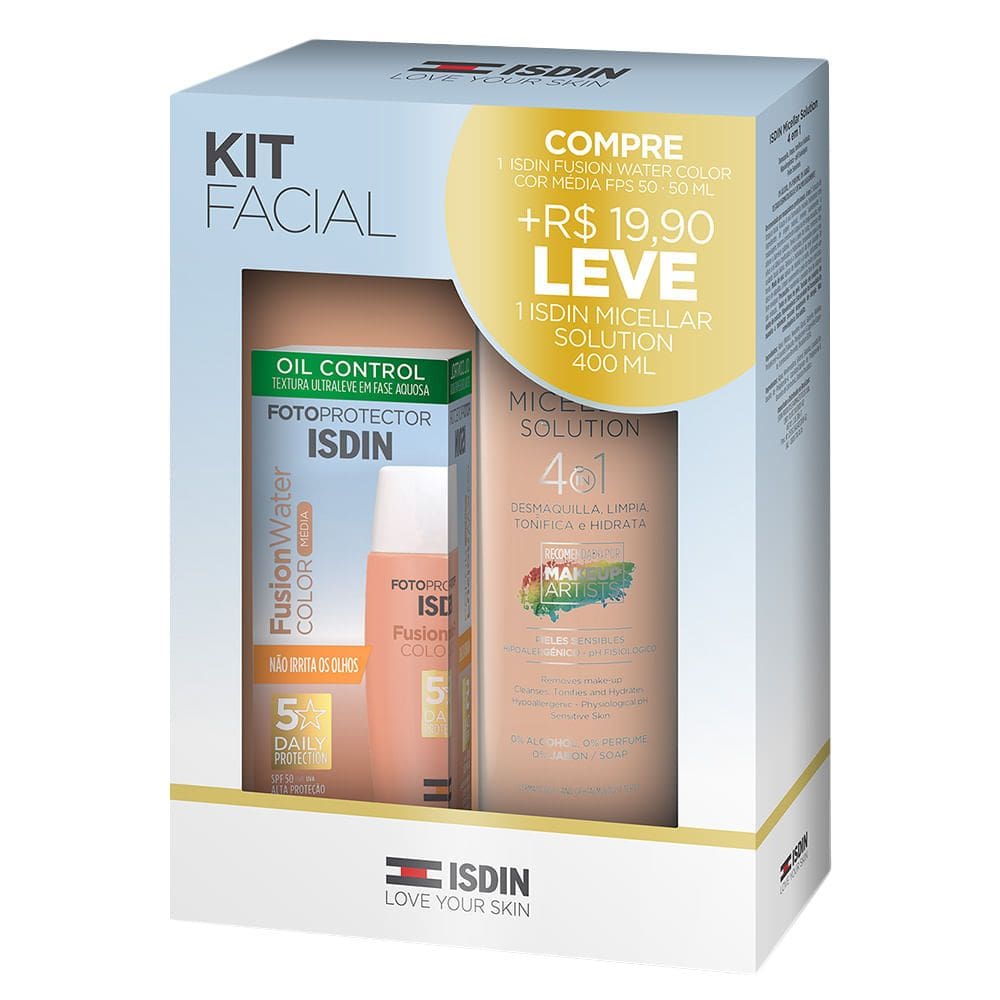 Isdin Fusion Water Color Cor Média FPS 50 50ml e com R$19,90 Leve Isdin Micellar Solution 400ml