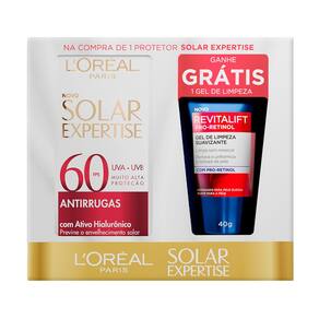 Protetor Solar L`Oréal Paris Solar Expertise Antirrugas FPS 60 40g e Ganhe Revitalift Pro-Retinol Gel de Limpeza Suavizante 40g