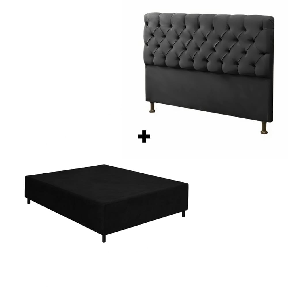 Base Cama Box Casal + Cabeceira Preto 138x188cm