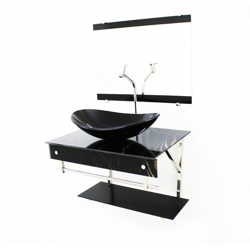 Kit Gabinete 60Cm Cuba Oval Mármore Preto + Torneira