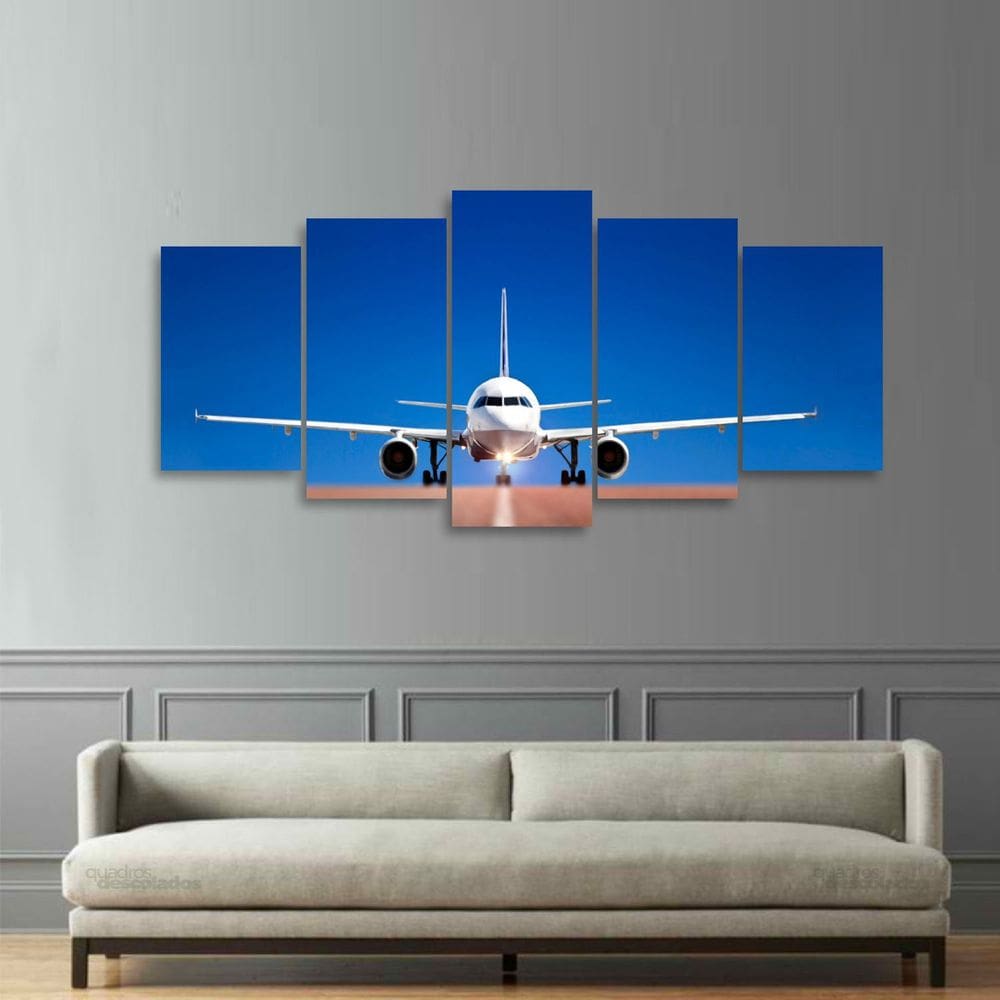 Quadro Avião Mosaico 5 Peças decorativo Sala Quarto Hall