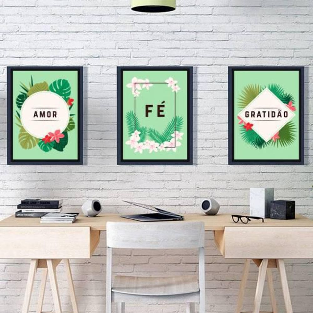 Kit 3 Quadros Amor, Fé, Gratidão - Tropical 45X34Cm