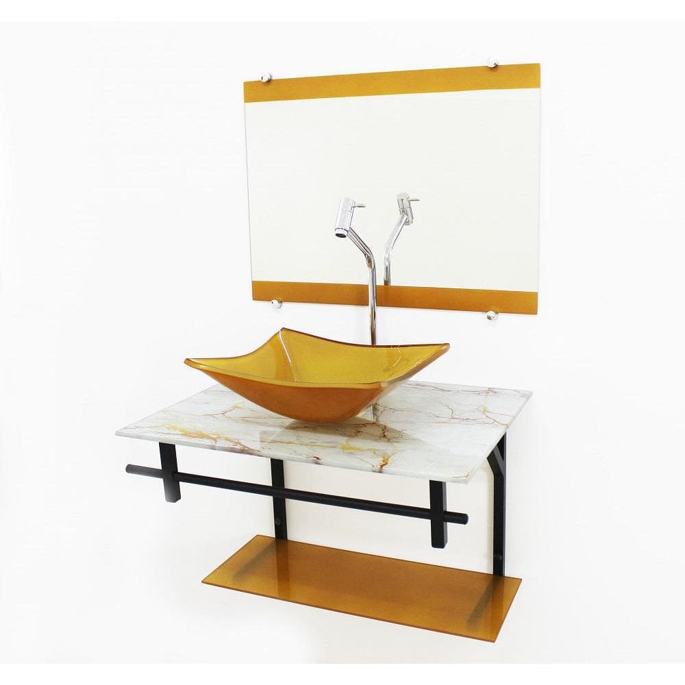 Gabinete De Vidro 60Cm Cuba Quadrada Mármore Branco Dourado