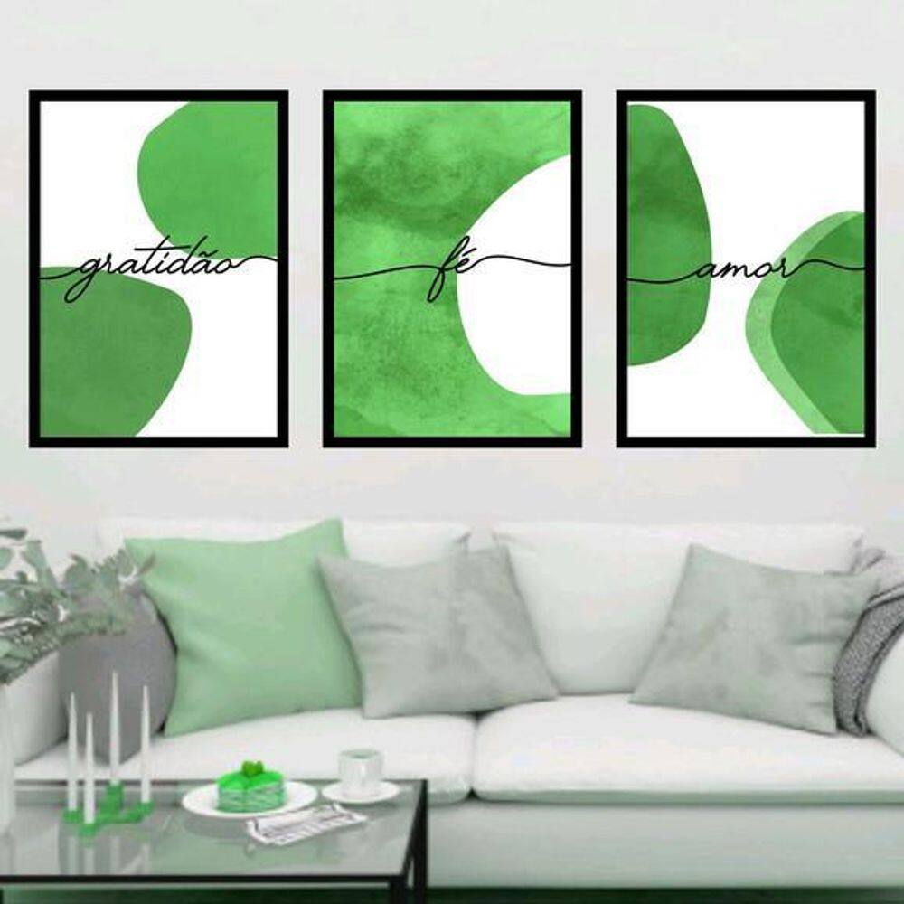 Kit Quadro Decorativo Gratidão Fé Amor Verde 45x34cm 3 Peças