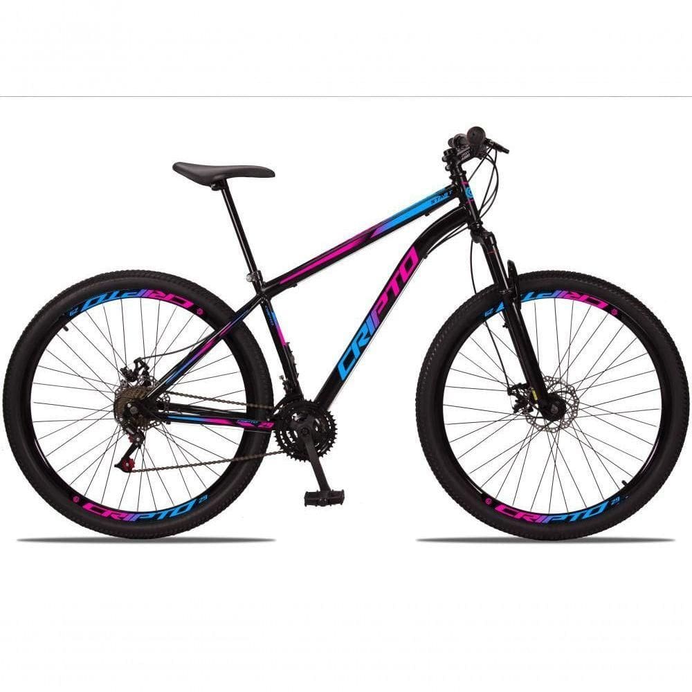 Bicicleta Aro 29 Aço Carbono 21V Cripto Freios À Disco Quadro 17 Preto Azul Rosa