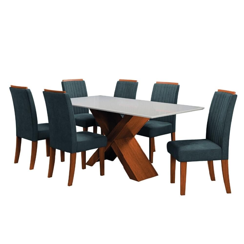 Conjunto de Mesa Sala de Jantar Tampo com Vidro 1,80m 6 Cadeiras Grécia Dobuê