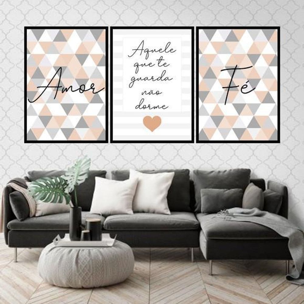 Kit 3 Quadros Decorativos Fé Amor Triângulos Marrom 45X34Cm