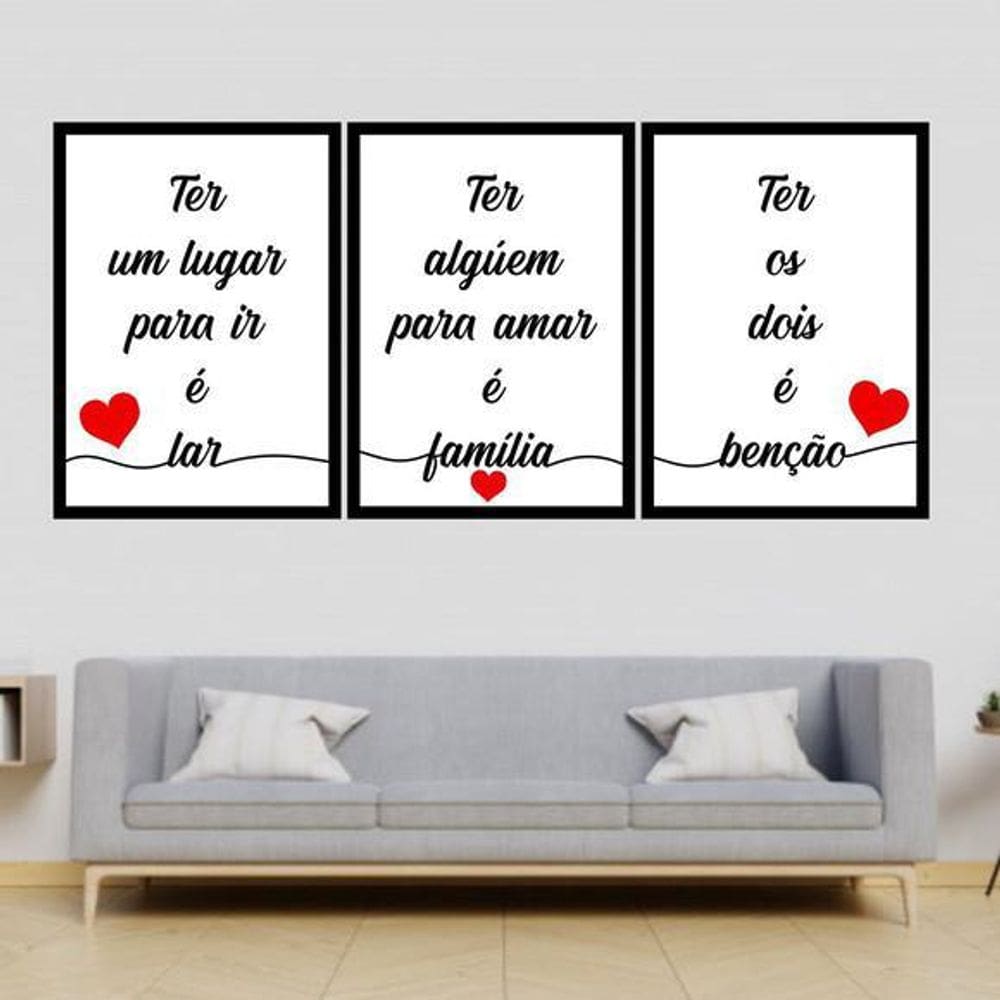Kit 3 Quadros Decorativos Lar Família Benção Branco 45X34Cm