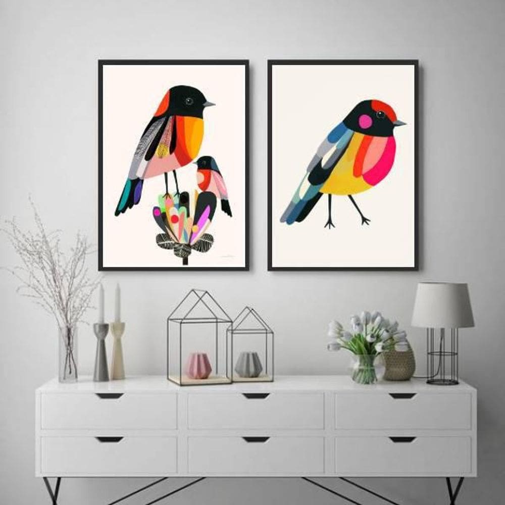 Kit 2 Quadros Passarinhos Coloridos 34X23Cm - Moldura Branca